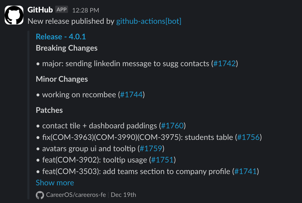 Slack message with release notes