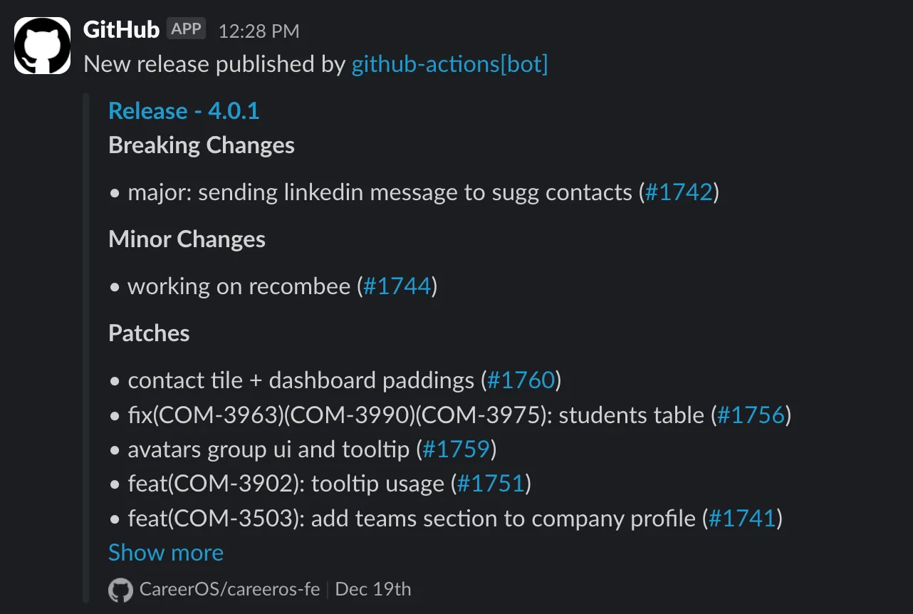 Slack message with release notes