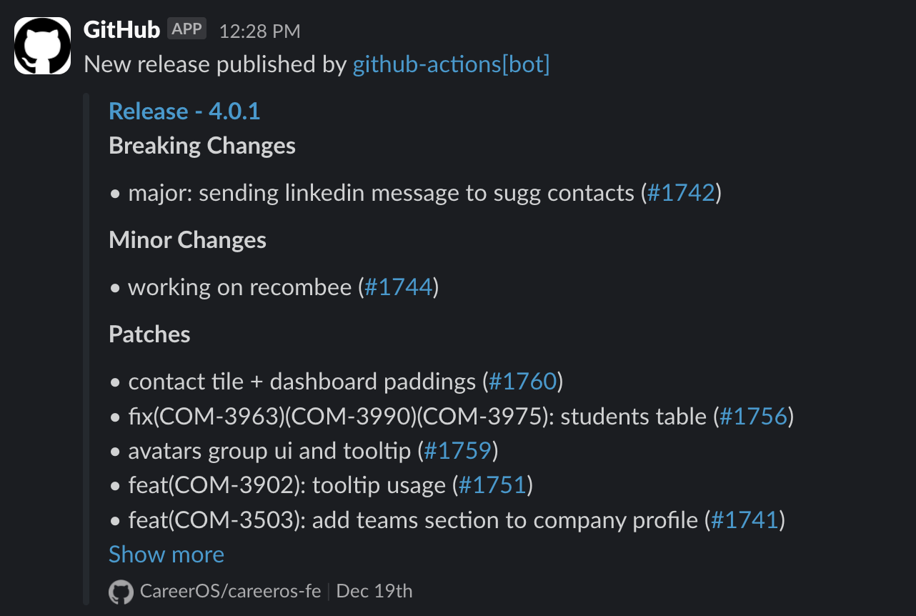 Slack message with release notes